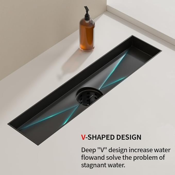 Linear Shower Drain, 304 Stainless Steel with Adjustable Leveling Feet, Hair Strainer,Reversely Install Place to Create an Invisible Floor Drain - Black -24-Inch