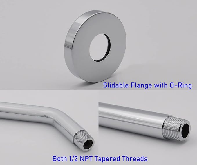 Aquaiaw Shower Arm and O-Ring Flange, 6 inch, Solid Brass, Round, Both Soldered 1/2 NPT Tapered Threads, Wall Mount Shower Arm Extension with Escutcheon, for Rain Shower Head (Polished Chrome)