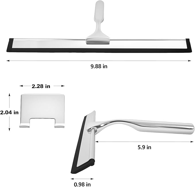 10-Inch Shower Squeegee with Hanger, All-Purpose Stainless Steel and TPR Rubber for Streak-Free Cleaning on Glass Shower Doors, Mirrors, Windows, Tile and Car Glass