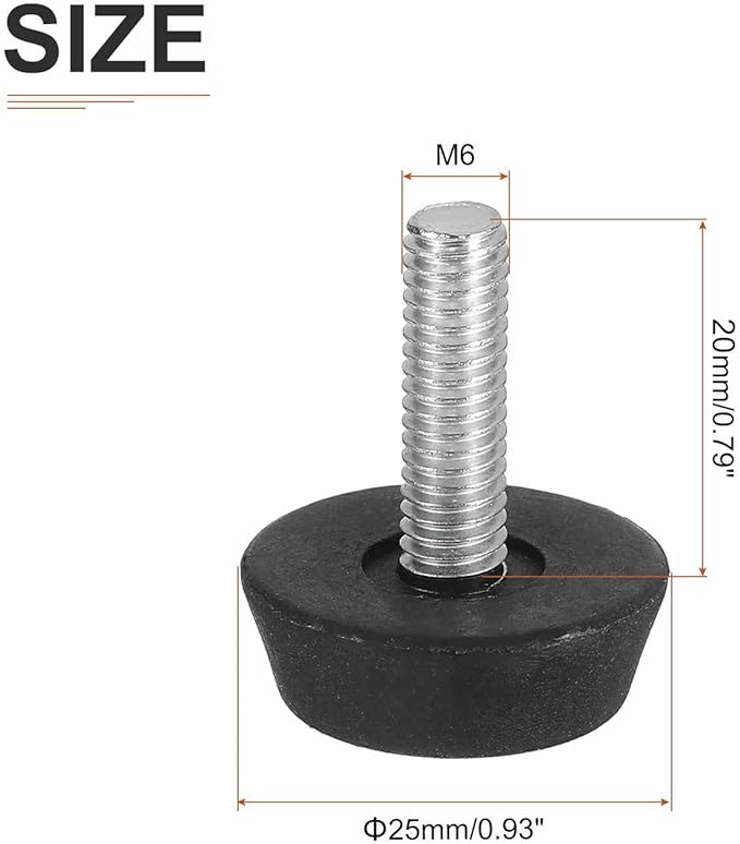 M6x20x25mm(DxLxOD) Screw on Furniture Glide Leveling Feet - 16Pack - Good for Furniture - Adjustable Thread Furniture Levelers - Black
