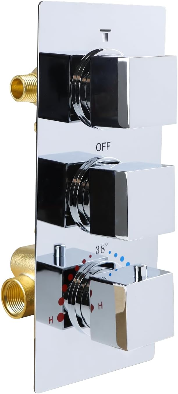 HOMEDEC Brass 3 Way Shower Diverter Valve, Thermostatic 3 Handle Control Shower Mixing Valve Trim Kit Replacement, Rough In, Chrome
