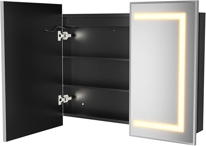 APRILSOUL 40X32 Inch Silver Bathroom Medicine Cabinet with Mirror, Recessed or Surface Lighted Medicine Cabinet with 3 Colors Temperature, Dimmable Light