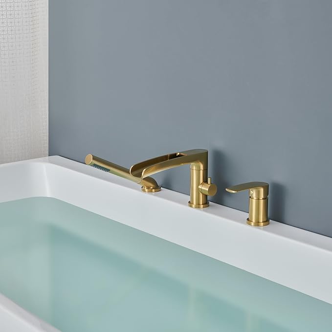 Waterfall Roman Tub Faucet Brushed Gold Deck Mount Bathtub Faucets Brass Tub Filler Bathroom Faucets with Hand Shower