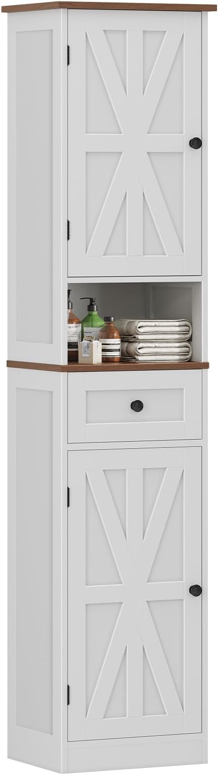 67" H Tall Bathroom Cabinet, Narrow Storage Cabinet with 2 Barn Doors and 1 Drawer, Freestanding Floor Cabinets with 5 Shelves and Open Storage Shelf for Bathroom, Living Room, Kitchen, White