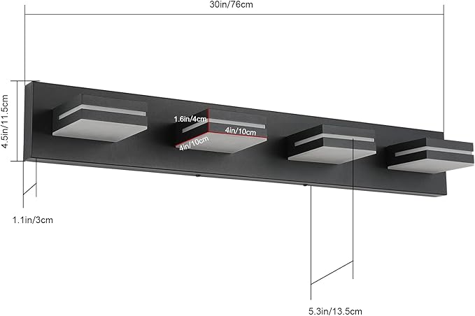 SineRise LED Modern Bathroom Vanity Light Fixtures (4-Light, 30-Inch), Matte Black Modern Acrylic Bathroom Wall Lighting Fixtures Over Mirror (Cool White 6000K)