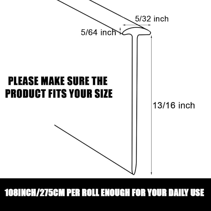 Shower Bottom Waterproof Door Rubber Sweep Trim Black Seal for Home Bathroom, 108 x 13/16 x 5/32 Inch Tee Insert Shape