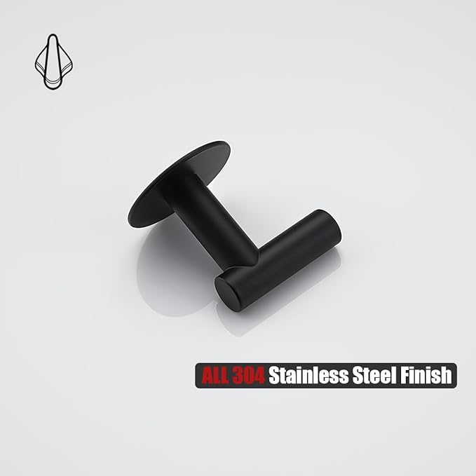 JQK Self Adhesive Towel Hook Black, No Drill Stick on Coat Robe Clothes Wall Hook for Bathroom Kitchen Garage 2 Pack, 304 Stainless Steel Matte Black, ATH110-PB-P2