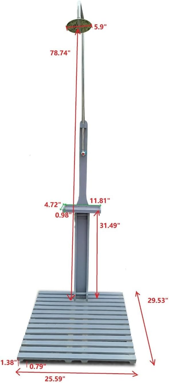 Outdoor Garden Pool Shower with Wooden Platform Base - Freestanding Poolside Shower Station with Adjustable Water Pressure Control, Solid Wood Chassis Board, 86.61" Tall, Gray