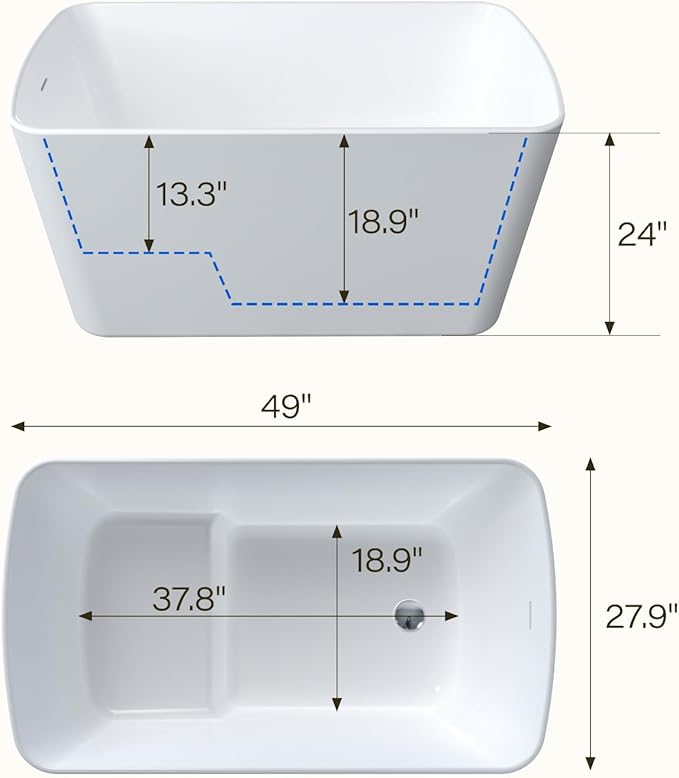 49" Acrylic Freestanding Bathtub, Modern Deep Soaking Tub, cUPC Certified Free Standing Tub, Chrome Drain/Overflow, White Acrylic, Square White