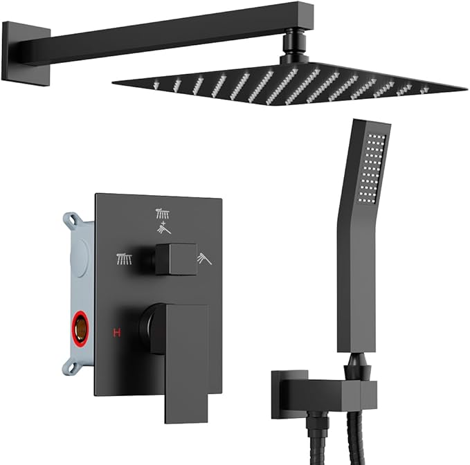 Shower Faucet Set Matte Black Shower System, Starbath 8" Rain Shower Head and Handheld Spray Shower Set Complete Wall Mounted,2 Way Pressure Balance Shower Valve and Trim Kit Included