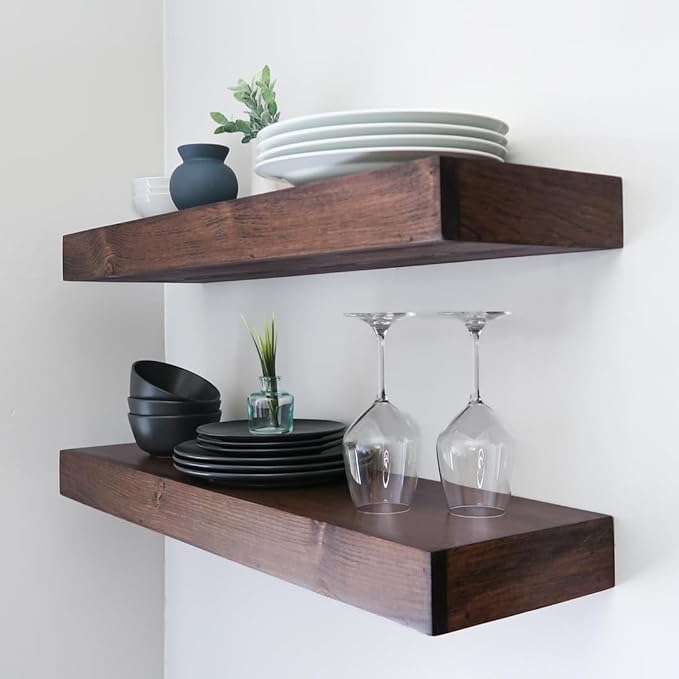 Urbandi Modern Floating Shelves 3 Inches Thick for Wall, Wide Shelves for Kitchen, Living Room, Bedroom, and Bathroom, Natural Pine Wood, Rustic Wooden Shelf, (Set of 2) (Provincial, 60Lx3Hx8D)