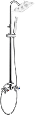 Wall Mount Outdoor Shower Kit Polish Chrome 6" Square Rainfall Shower Head with Hand Held Spray Double Cross Handles with Adjustable Slide Bar Exposed 2 Function Shower Faucet Fixture