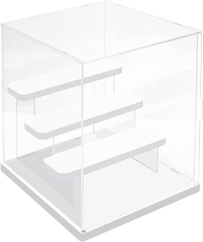 Choowin 4 Tier Small Clear Acrylic Display Case for Collectibles, Mini Figures, Pop Mart, Labubu, Sonny Angel, Smiski - Assemble Dustproof Acrylic Display Box with Door, Stand (White Base Step)