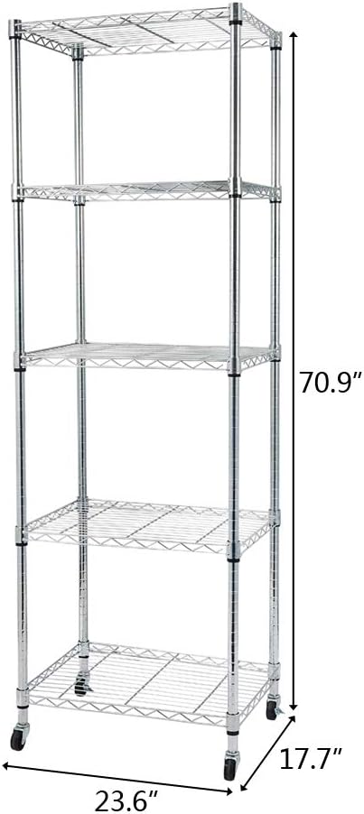 5 Tier Storage Racks Shelving, Heavy Steel Pantry Shelves, Adjustable Wire Shelving Rack with Wheels, Suitable for Garage, Kitchen, Bathroom, Office, 24" W x 18" D x 71" H, Chrome