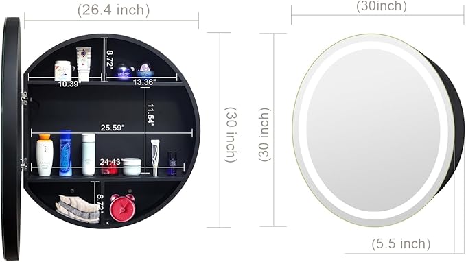 30 inch Round Medicine Cabinet with Lights,Led Medicine Cabinet with Defogger,Illuminated Mirror Cabinet for Bathroom,Dimmable,Defogger,3 Color Temperature 3000k-6500k Black