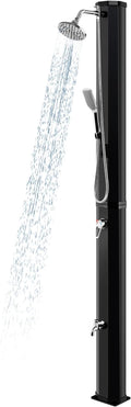 Goplus 9.3 Gallon Solar Heated Outdoor Shower, 7.2 FT Freestanding Garden Shower w/ 360° Swivel Shower Head, Foot Shower, Temperature Adjustment, for Poolside Backyard Beach (Black w/Handle Head)