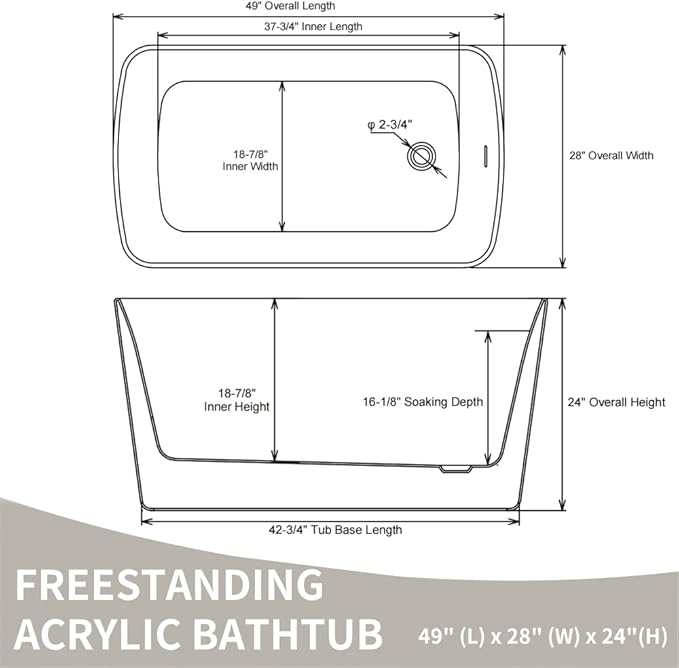 Abruzzo 49" Small Freestanding Bathtub - Square Acrylic Soaking Tub for Small Spaces, Japanese Style Deep Soak with Chrome Overflow & Quick Drain, Gloss White cUPC Certified Compact Bathtub