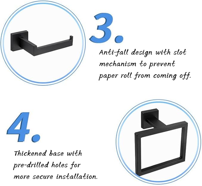 16-inch Black Towel Rack Set, SUS304 Stainless Steel Bathroom Wall-Mounted Towel Rack Bath Accessory Set, Matte Black Bathroom Hardware Set