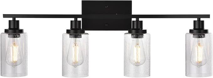 Black 4-Light Bathroom Light Fixtures with Seeded Glass Shade, 31-Inches Length Farmhouse Vanity Lights Over Mirror for Cabinet Kitchen Bedroom