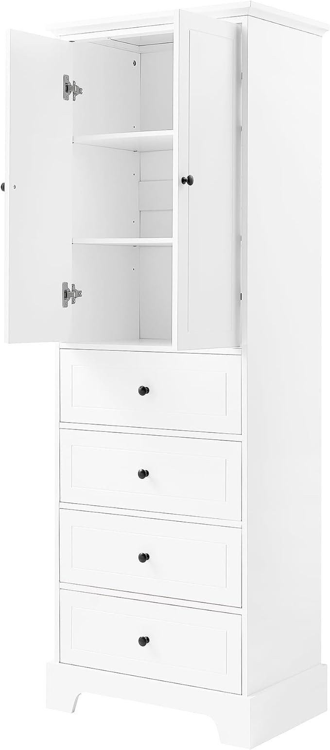 Favfurish 68" Tall Bathroom Storage Cabinet with Doors and 4 Drawers,Modern Linen Cabinets w/Adjustable Shelves & Anti-Tipping Device,Freestanding Organizer for Bath Room,Study,Office,Kitchen White