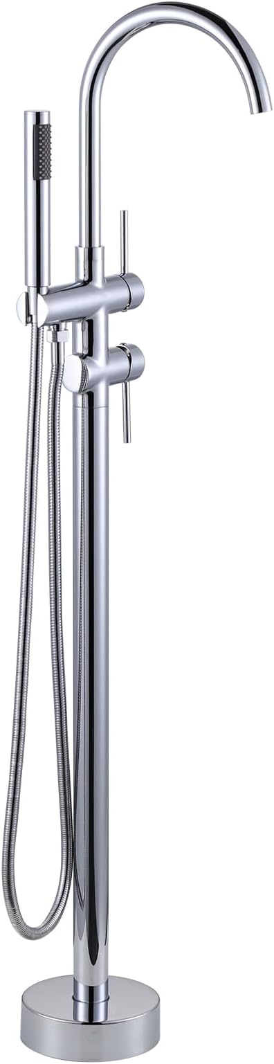 Freestanding Tub Filler Faucet Chrome: High Flow Brass Floor Mount Bathtub Filler, Swivel Gooseneck Spout with Single Handheld Sprayer for Bathroom Shower