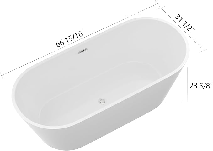 Logmey 67 Inch Freestanding Bathtub White Acrylic Oval Shape Soaking Tub with Chrome Drain & Overflow Assembly for Classic and Modern Bathrooms