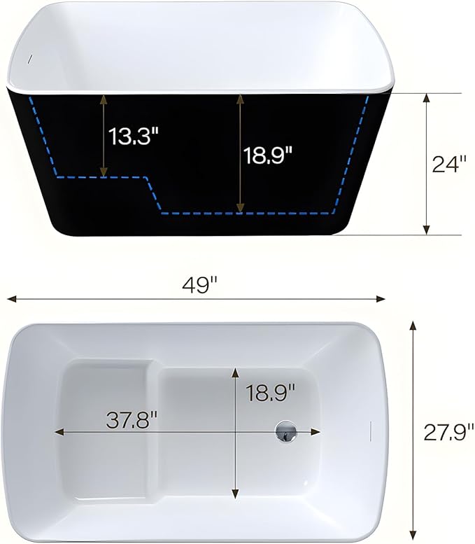 49" Acrylic Freestanding Bathtub - Japanese Square Soaking Tub with Built-in Seat, Toe-Tap Drain & Overflow, Black,Compact Space-Saving Bath for Bathrooms