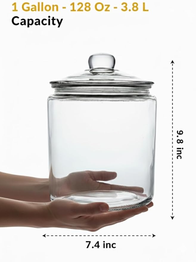 Glass Cookie Jar - 1 Gallon Wide Mouth Glass Jar With Lid - Extra Gasket - Large Food Storage Container, Candy Jar With Airtight Lid, Pet Food, Flour, Detergent Pods, Kitchen or Laundry Room