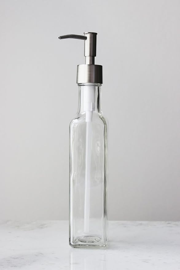 Rail19 French Vessel Glass Soap Dispenser with Metal Pump - Refillable Hand Soap, Lotion & Sanitizer for Sinks and Small Countertops, 8.5oz (Stainless Rustic)