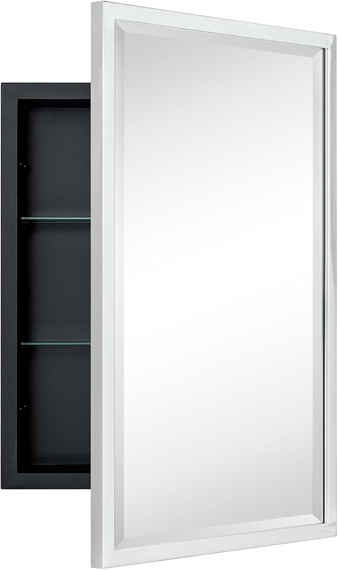TEHOME Chrome Recessed Bathroom Medicine Cabinet with Mirror Squared Cornered Rectangle Metal Framed Medicine Cabinet with Beveled Mirror 16x24''