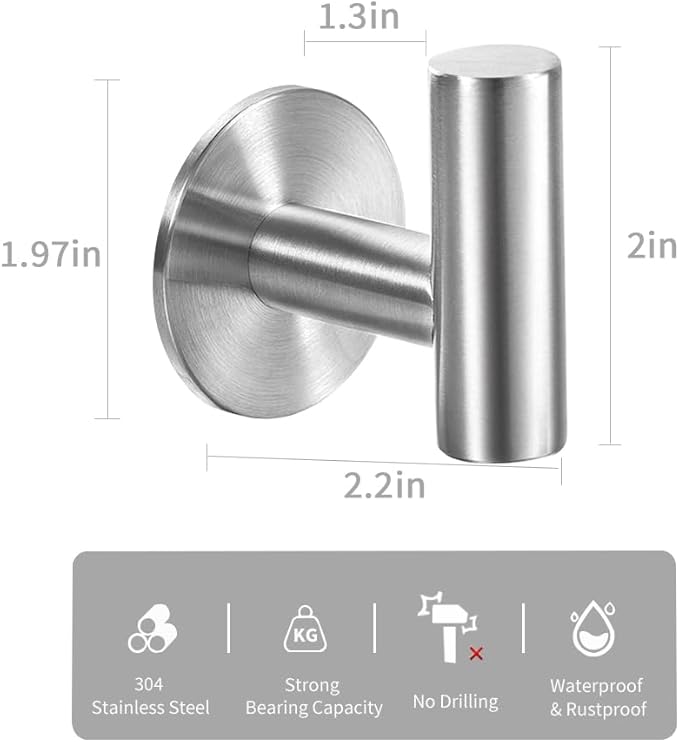 Vuzvuv Adhesive Brushed Nickel SUS304 Stainless Steel Towel Hooks – Heavy Duty Waterproof, Self-Adhesive Coat Robe Hook for Bathroom, Kitchen, Hotel (2-Pack)