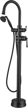 B2311-BK Freestanding Roman Tub Faucet with Antique Handheld, Swivel Gooseneck Spout Shower Mixer Taps - Matte Black High Flow Tub Filler