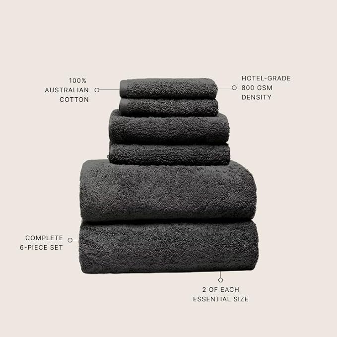 Italic Ultraplush 100% Australian Cotton Towels Standard 6 Piece Set, 2 Bath, 2 Hand, 2 Washcloths, 800GSM Lightweight, Highly Absorbent & Quick Dry Soft Resort Grade Towels (Charcoal)