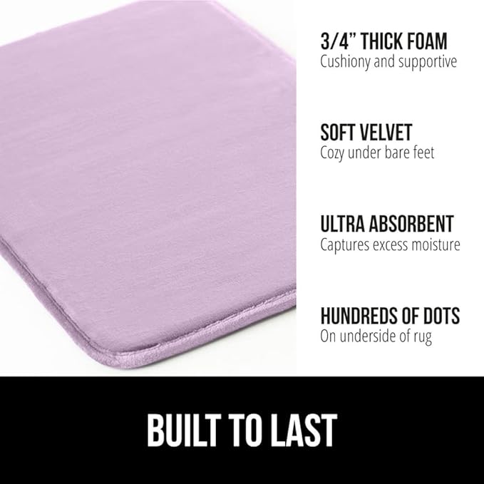 GORILLA GRIP Memory Foam Bath Mat, Soft Absorbent Velvet Bathroom Mats, Durable Dots on Underside, Machine Washable Bathmat, Carpet Rug Room Decor for Shower Tub Floor RV, 24x17 Rugs, Purple