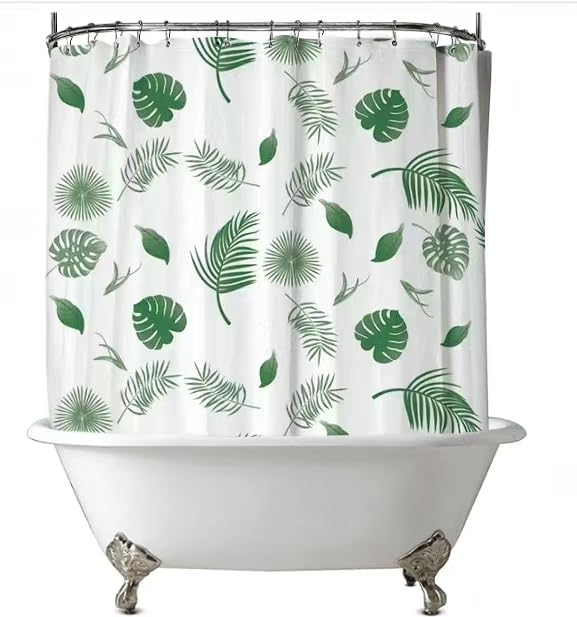 Green Leaves Clawfoot Tub Shower Curtain Liner 180Wx60H Botanical Shower Liner PEVA Soft Wrap Around Waterproof Shower Curtain Liner with Wide 36 Metal Hooks, Magnets