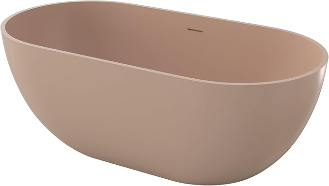 Premium 59" Pink-Sandstone Solid Surface Free Standing Tub, Upgraded Oval Resin Stone Bathtub with Overflow and Pop-up Drain