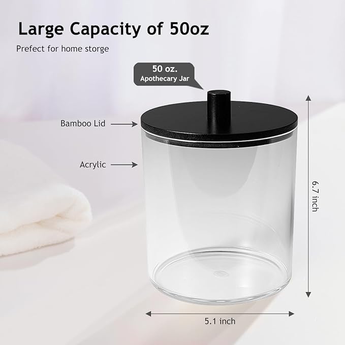 SheeChung 1 Pack 50 Oz Large Apothecary Jar with Bamboo Lid, Laundry Pods Container, Storage Jars for Bathroom Organization, Plastic Canisters with Cute Stickers Spoons(Black)