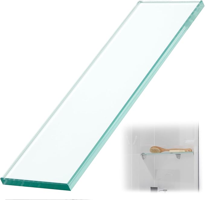 1 Pcs 13-5/8" x 4-1/4" x 3/8'' Glass Shelf for Shower Niche, Tempered Glass Shelf Floating Shelves for Bathroom Essentials DIY Storage Decoration, Easy Install Support Plate