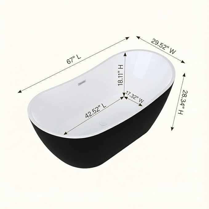 67 Inch Acrylic Freestanding Bathtub, Acrylic Soaking Bathtub with Matte Drain and Overflow, Modern Square Tub, cUPC Certified, Deep Ergonomic Design, Double-Walled Insulation, Easy Installation