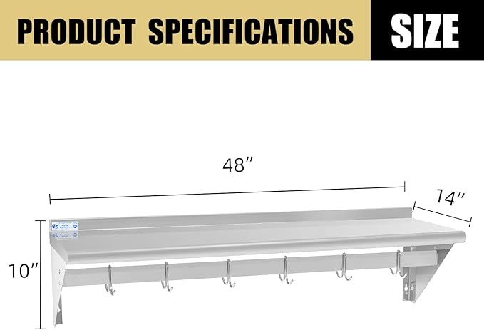 Hally Stainless Steel Shelf with 6 Hooks 14" x 48" Wall Mounted Pot Rack 350lb, NSF Commercial Floating Shelving for Storage Hanging Pots, Pans, cookware in Restaurant, Kitchen, Home and Hotel