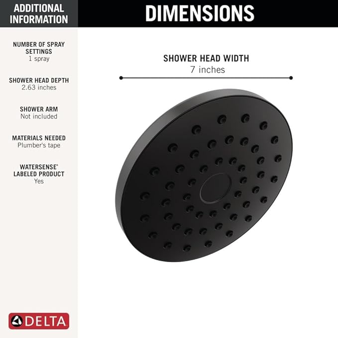 Delta PivotPro Matte Black Rain Showerhead, Single Setting 7 Inch Round Shower Head, Showerheads, 1.75 GPM Flow Rate, Matte Black 75104BL