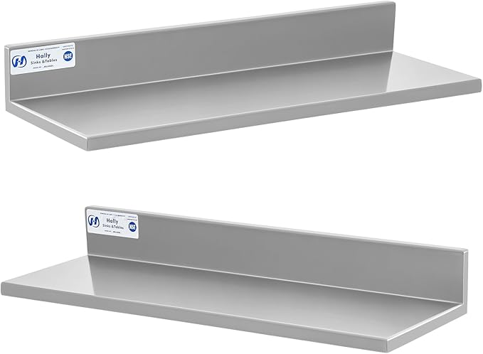 Hally Stainless Steel Wall Shelf 8.6 x 24 Inches 50 lb, NSF Commercial Heavy Duty Wall Mount Floating Shelving for Restaurant, Kitchen, Home, Hotel and Bar, 2 Pack