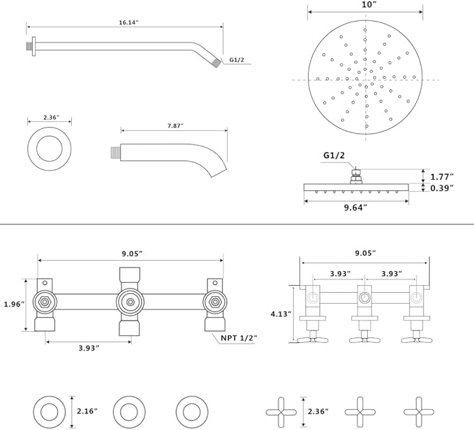 PROOX 3 Handle Tub Shower Faucet Set, 10" Rainfall Shower Head with Tub and Shower Trim Kit with Rough-in Valve, Matte Black Bathtub Shower Faucets, Wall Mounted Bathroom Rain Shower System