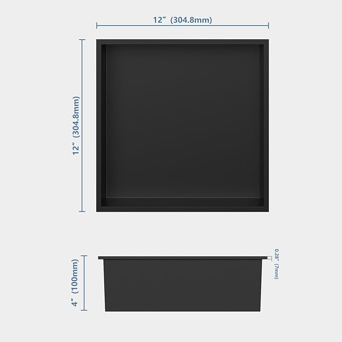 Homevacious 12“ x 12" x 4" Stainless Steel Shower Niche No Tile Needed Matte Black Bathroom Shelf Rimless Recessed Wall Niche for Bathroom Storage