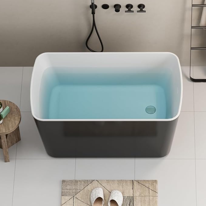 Abruzzo 49" Small Freestanding Bathtub - Square Acrylic Soaking Tub for Small Spaces, Japanese Style Deep Soak with Chrome Overflow & Quick Drain, Gloss Black cUPC Certified Compact Bathtub
