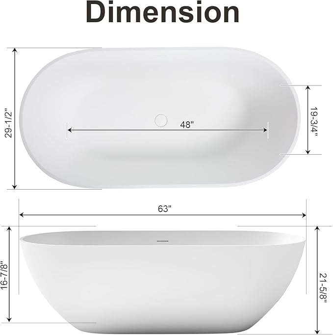 63 Inch Solid Surface Freestanding Bathtub, Oval Shaped Soaking Stone Resin Bath Tub with Brushed Overflow and Drain, Matte White Stand Alone Bathtub, cUPC Certified