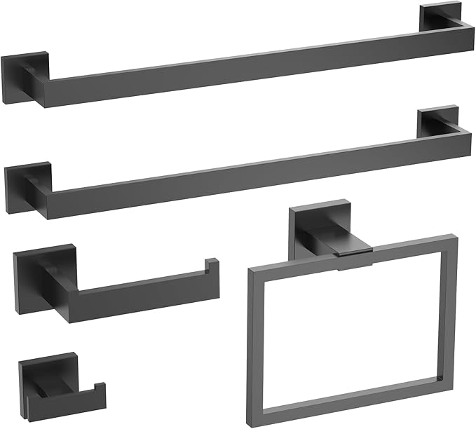 Matte Black 5-Piece Bathroom Hardware Set， INDARE Towel Rack for Bathroom Wall Stainless Steel， Black Bathroom Accessories Set 23.8-Inch