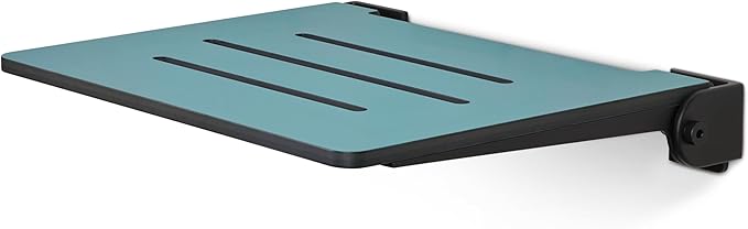 18 inch Silhouette Slimline Folding Wall Mount Shower Bench Seat, Teal Seat with Matte Black Frame