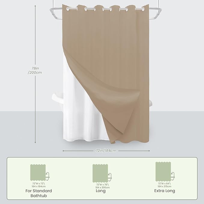 Inhousolu No Hook Waffle Weave Shower Curtain with Removable Snap in Fabric Liner Set for Bathroom, 230 GSM Heavy Duty Weighted Hem, Water Repellent Washable Bath Curtains, 72 x 78 Inch, Beige