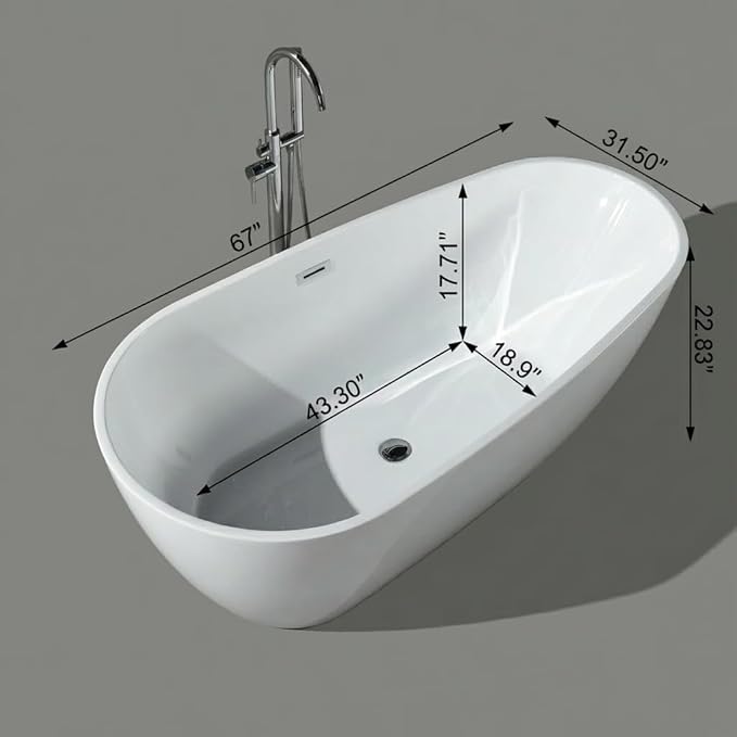67 Inch Acrylic Freestanding Bathtub, Acrylic Soaking Bathtub with Matte Drain and Overflow, Modern Square Tub, cUPC Certified, Deep Ergonomic Design, Double-Walled Insulation, Easy Installation